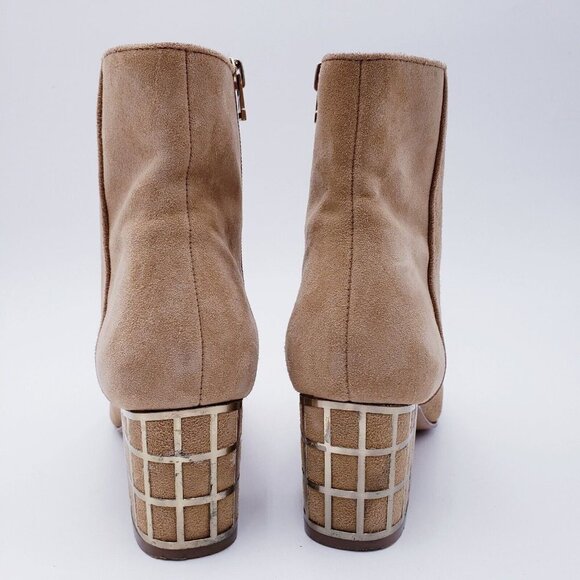 Brian Atwood Kallie Ankle Boot Tan Suede Decorative Heel Womens Size 6 Side Zip - Picture 4 of 14